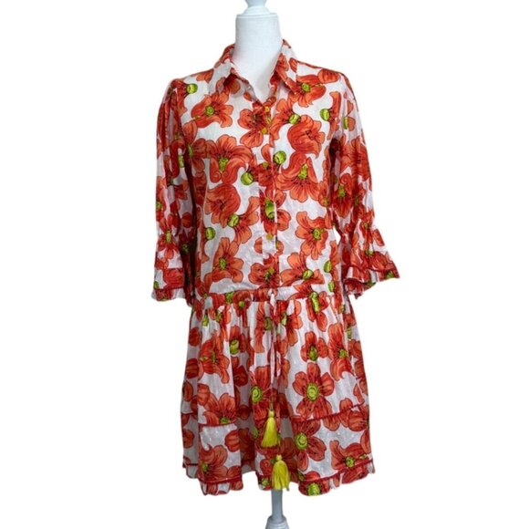 ModaPosa Shirt Dress Penelope Puff-Sleeve Drop-Waist Pockets Poppy Cotton Size S - Picture 1 of 8